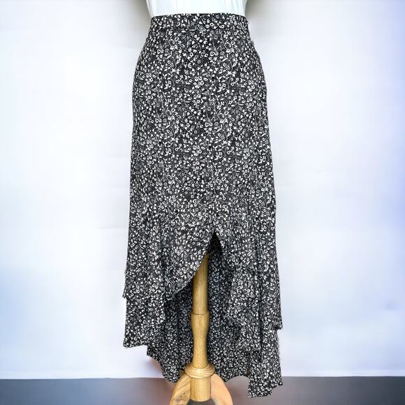 1. State Ditsy Floral Print Maxi Skirt Asymmetric Ruffle High-Low Black White 12 - Picture 2 of 13